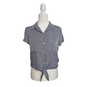 NLT costal blue & white stripes front tie button down top wears like a S